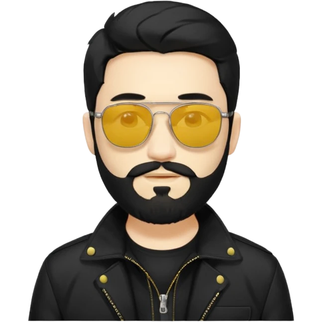 A man White middle long middle part black hair sunglasses with yellowish glasses And black jacket. Hipster black beard emoji