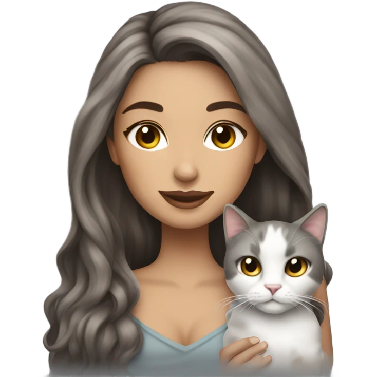Beautiful brown haired tattooed woman holding gray and white long hair cat emoji