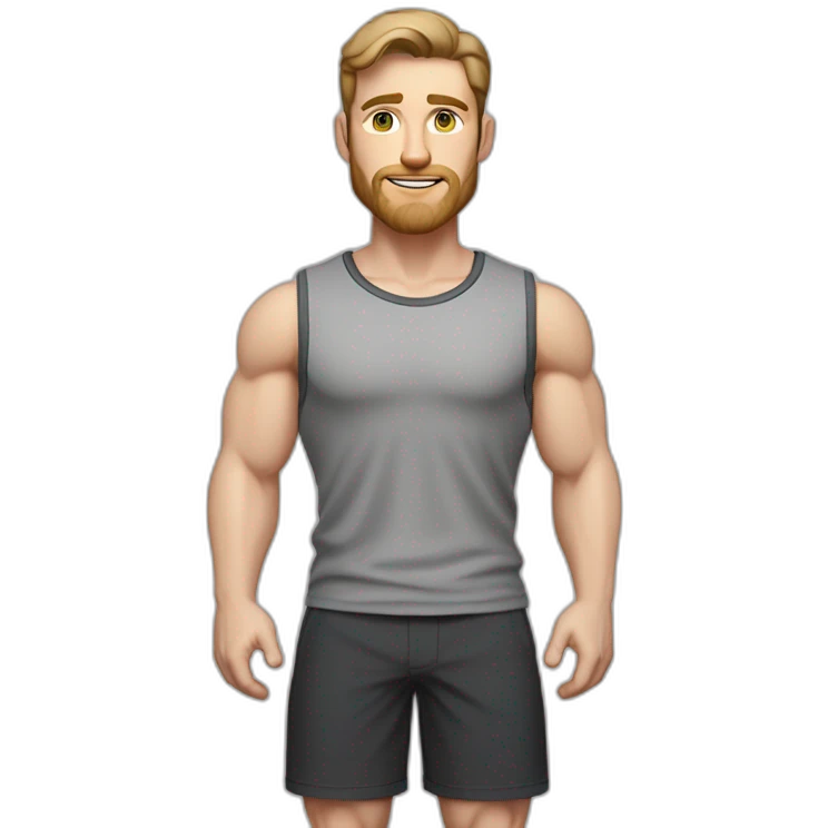 Full height Pale skinned fit man With biceps, Realistic eyes and mouth, light brown hair and stubble In dark gray sleeveless mike, black oversize sports shorts, watch and white sneakers. emoji