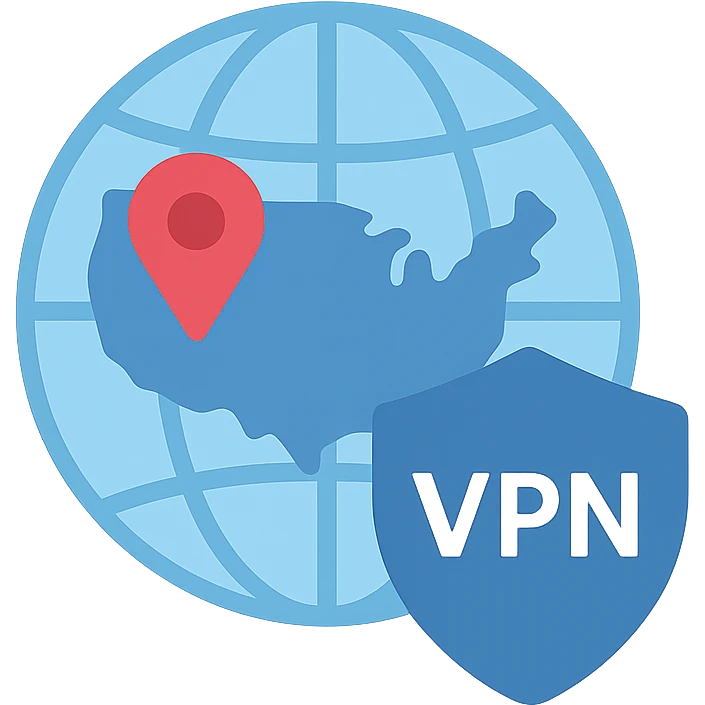 VPN globe icon with a shield, flat design, location pin on the USA, blue tones emoji