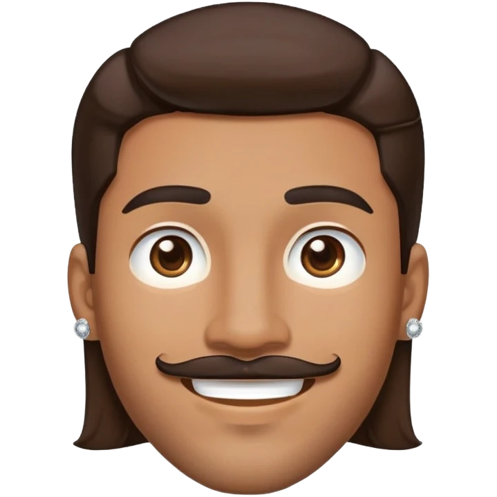 Apple-style cartoon emoji of a floating head only, young man with medium brown skin, mixed-race ethnicity, long dark brown hair with PERFECT MIDDLE PART exactly centered, mustache separated from goatee, medium brown eyes, small diamond stud earrings, absolutely no neck or shoulders visible emoji