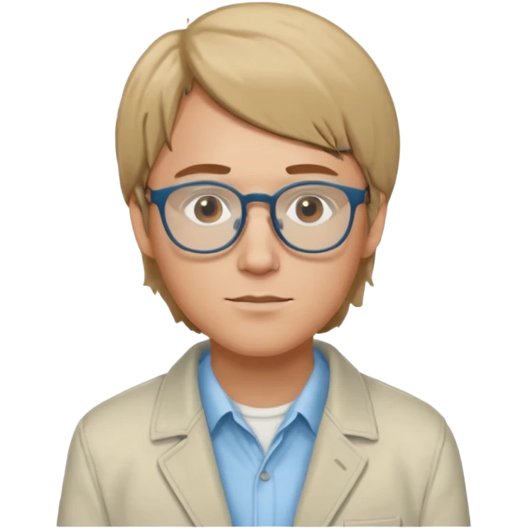 Brian Lackey from Mysterious Skin with brown eyes, dark blonde hair, light blue shirt, ivory jacket, glasses emoji