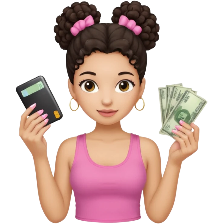 Uma menina com o cabelo cacheado com um Coque morena, e com uma regata rosa com unha em gel, é com Baby hair ,e com dinheiro na mão , emoji