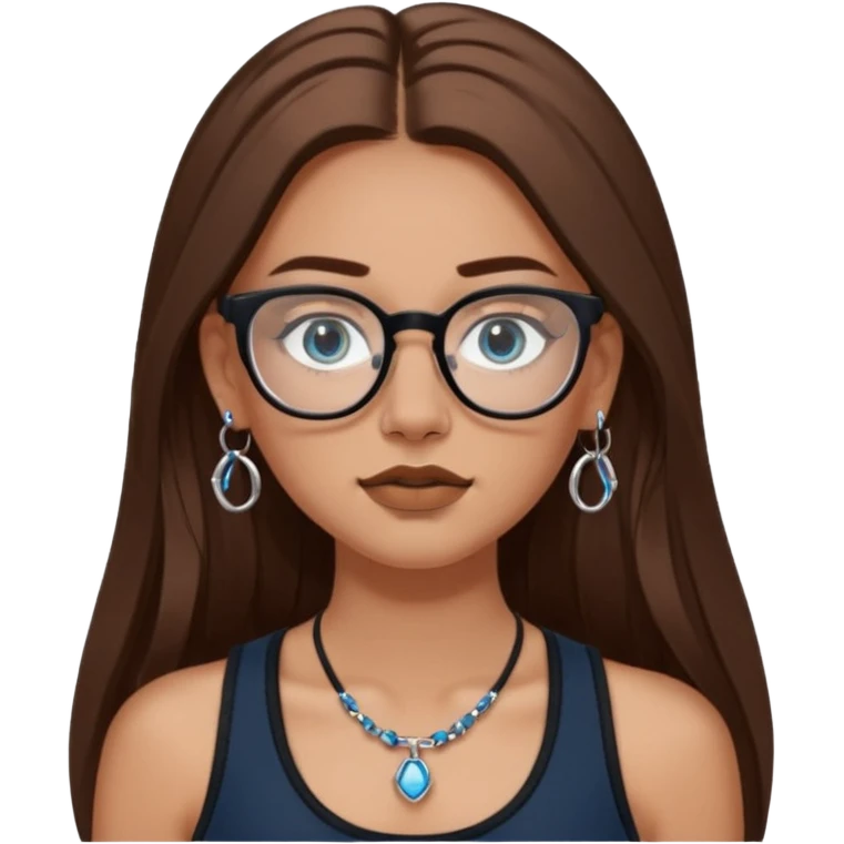 White girl with long brown hair, part going more to the RIGHT side, BLUE eyes, wearing BLACK rectangle plastic frame glasses. SEPTUM nose piercing hoop (at bottom of nose) AND stud nose piercing on right side of nose. Wearing BLACK tank top. No other jewelry emoji