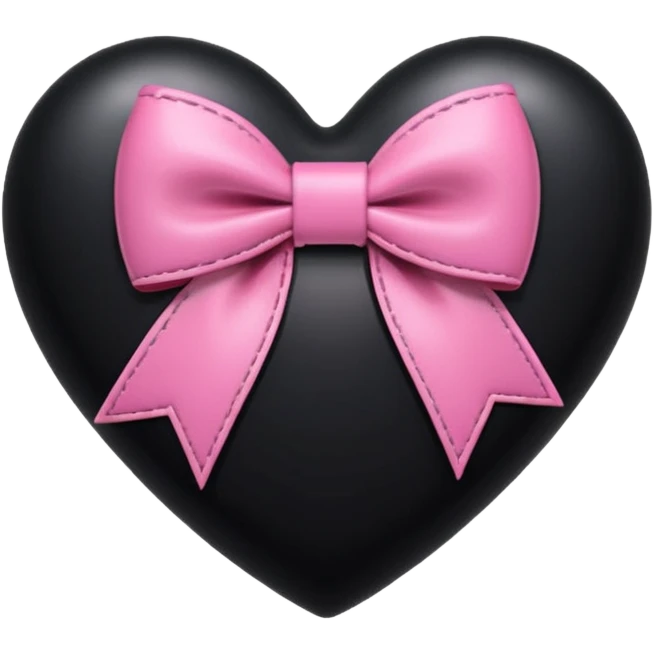glossy stitched black heart with a pink bow and heart pattern on the bow emoji