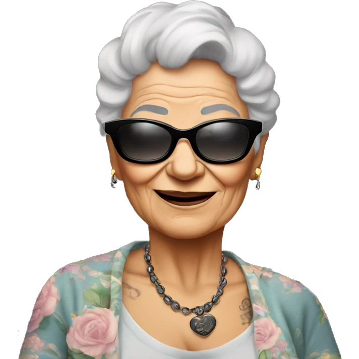 cool grandma in black sunglasses with tattos in the handd emoji