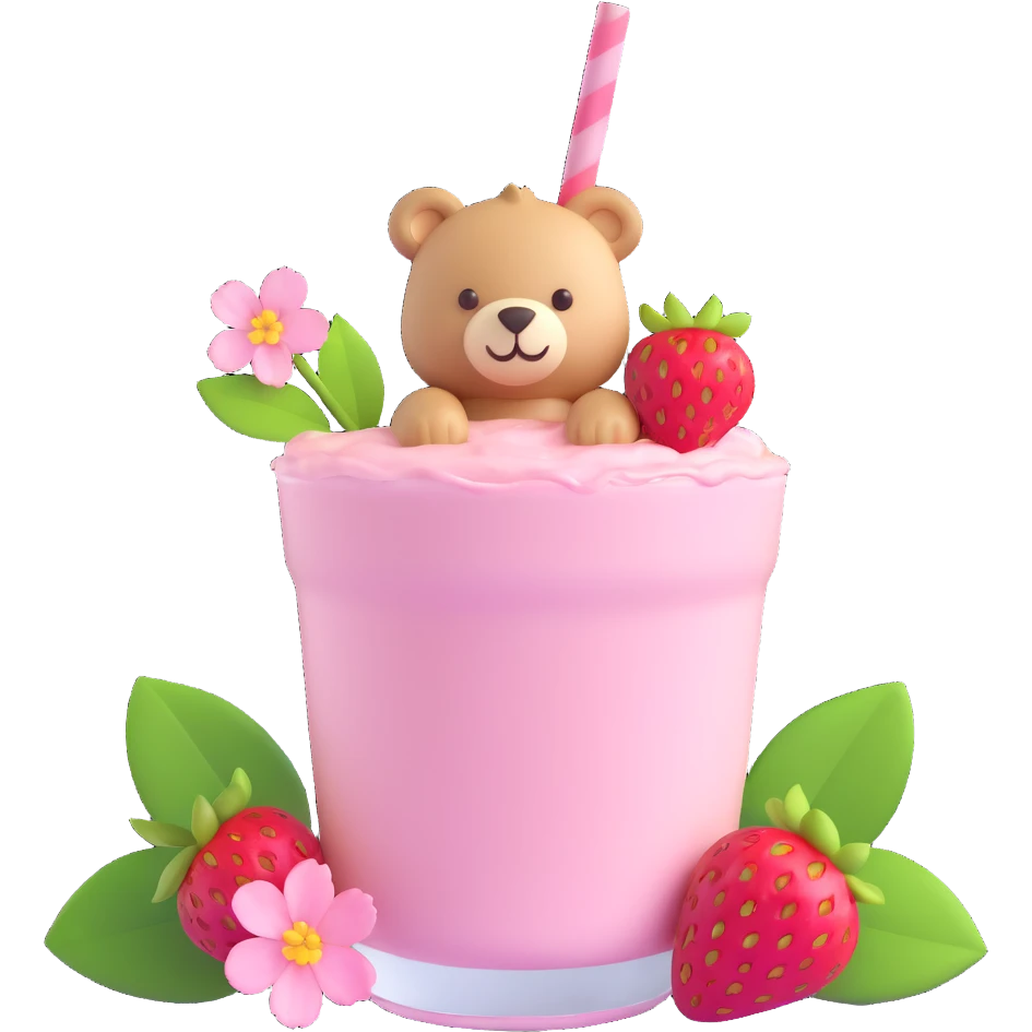 A strawberry milkshake cup with a straw, a cute bear peeking out, two strawberries with green leaves, and pink cherry blossom flowers, in 3D iOS style, pastel colors, soft shadows, clean and minimalistic design emoji