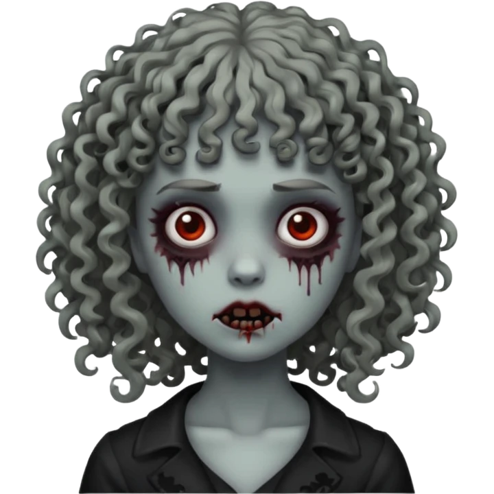 Faça um emoji de zumbi mulher, cabelo cacheado e franja cacheada, deixe ele com a estética meio gothic emoji