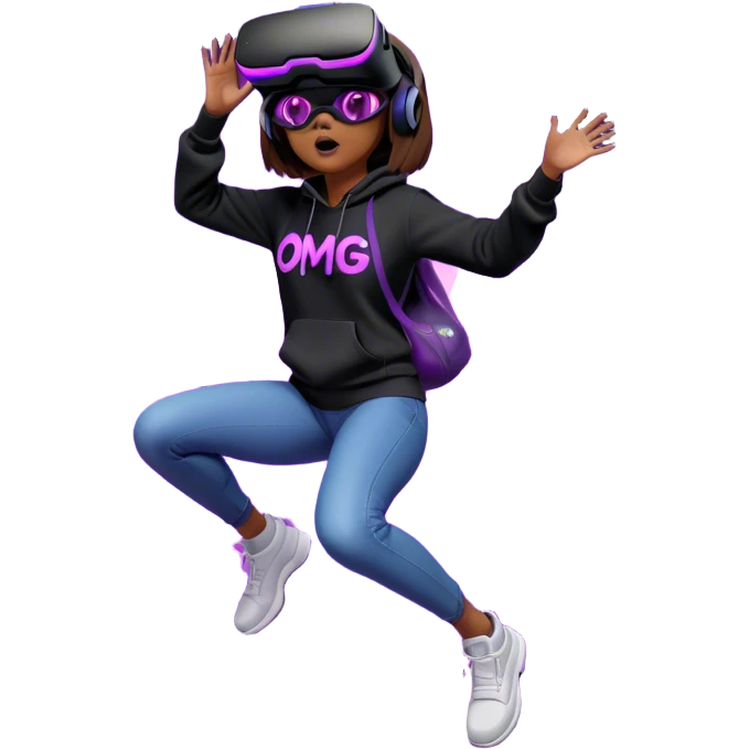 brown haired girl with a bob girl wearing black hoody with violet letters "OMG", in vr headset oculus quest2. jumping. Cyberpunk style. Violet neon. emoji