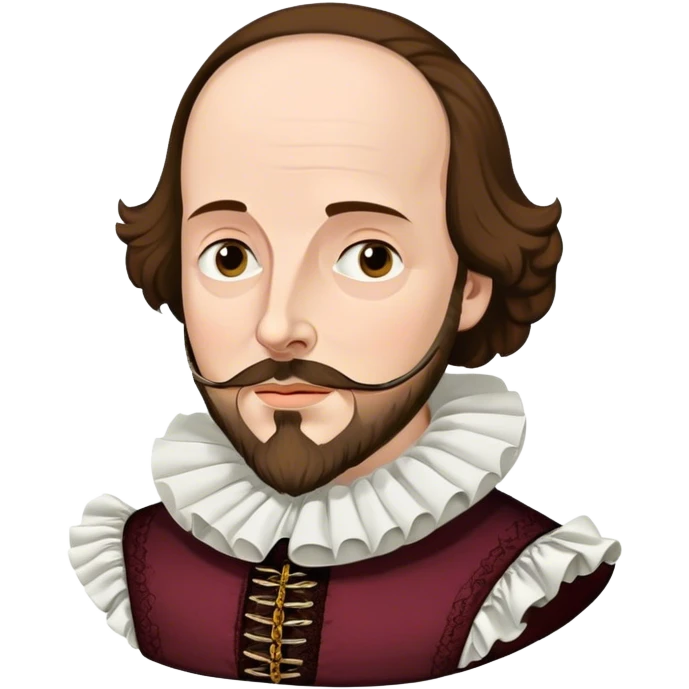 Cinematic Realistic portrait of William Shakespeare, depicted as an iconic playwright in richly detailed Elizabethan attire with a ruffled collar, expressive eyes, and a thoughtful gaze, bathed in dramatic historical lighting that evokes the Bard’s timeless legacy emoji