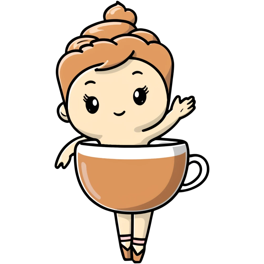 Ballerina twirling in a cappuccino cup, coffee foam creating her tutu emoji