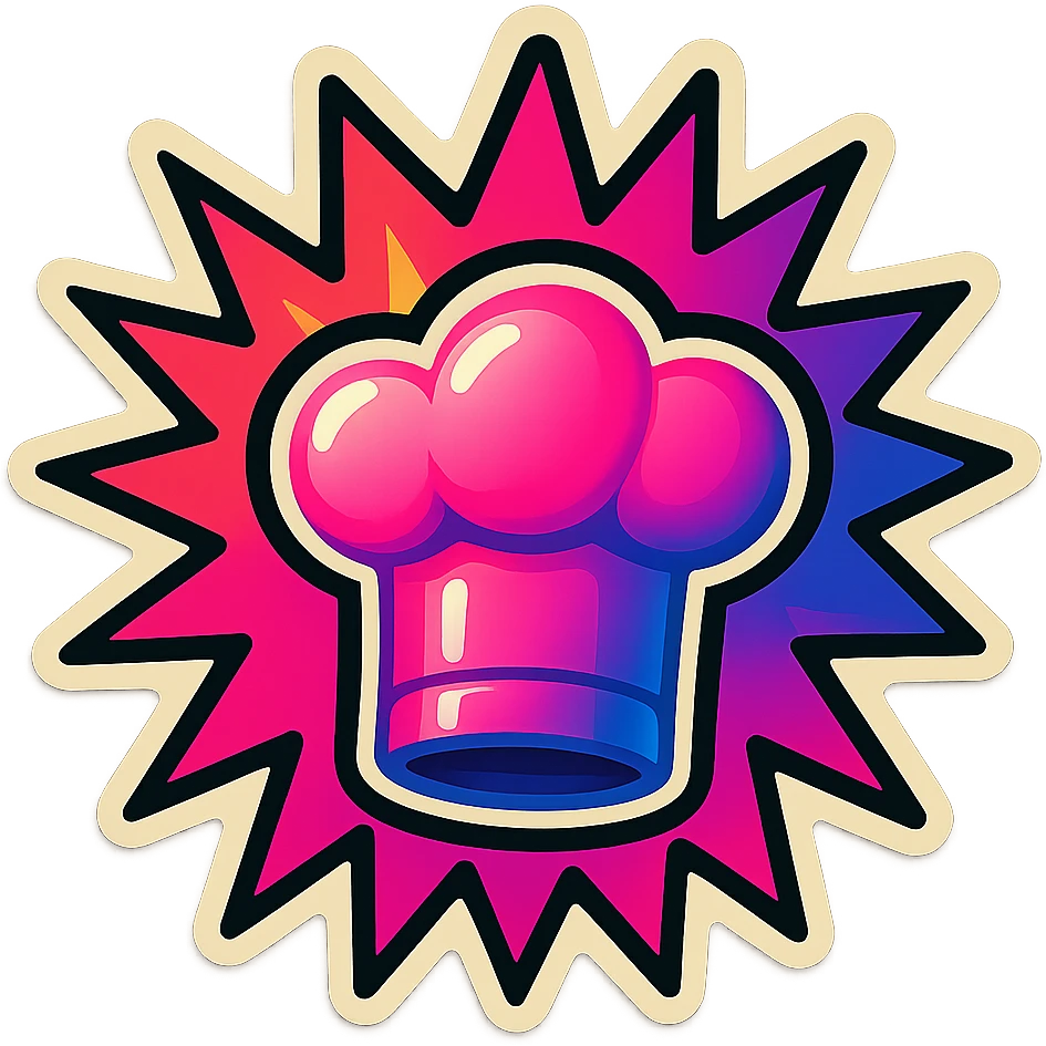 chef's hat, lot of colors explosions, playful and modern with gradient FF4D67, 9D34FF gradient, border black, vibrant, matching image reference  emoji