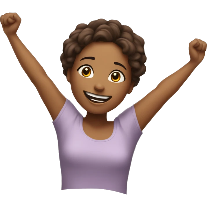 Happy girl wakes up in bed and stretches hands up in the air  emoji