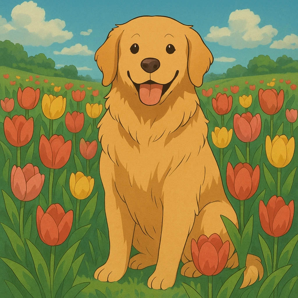 golden retriever surrounded by tulips in ghibli style emoji