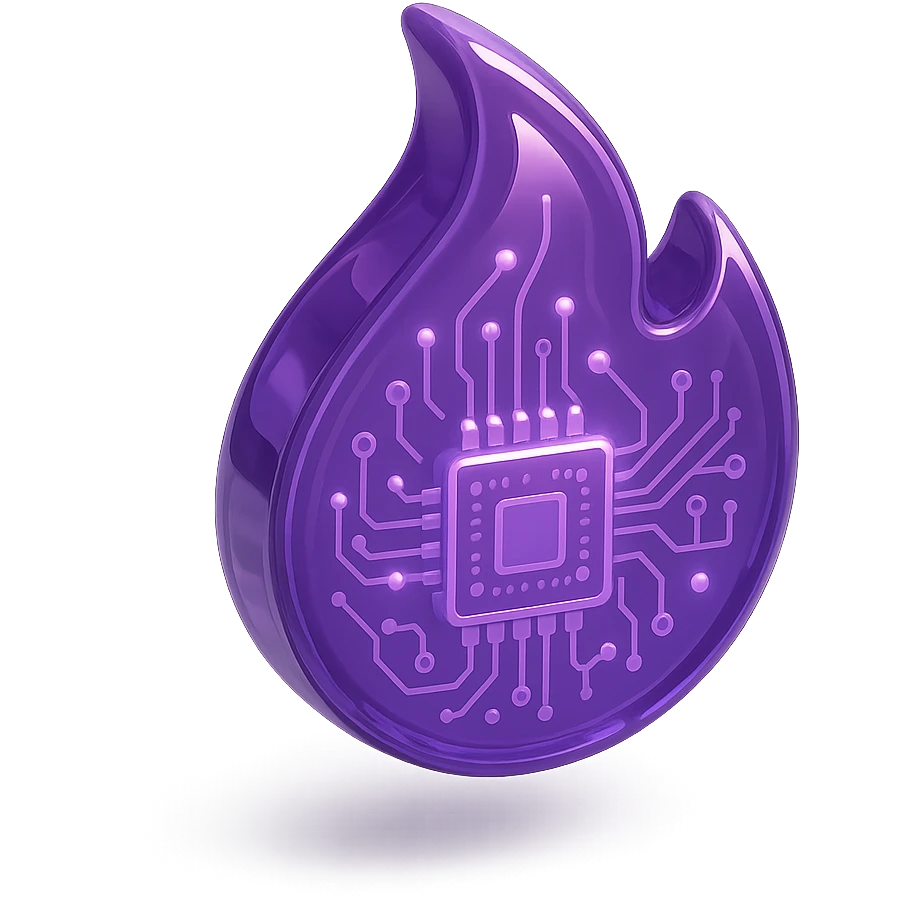 stylized purple flame, glowing, glossy circuit board details emoji