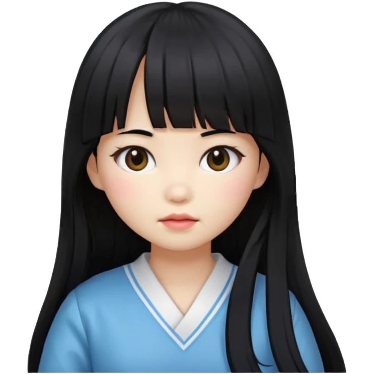 girl with long black hair, Korean style bangs, doll emoji style, slightly different expression emoji