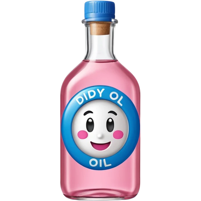 Smiling bottle of oil blue top pink outside with logo that says diddy oil emoji