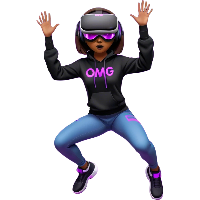 brown haired girl with a bob girl wearing black hoody with violet letters "OMG", in vr headset oculus quest2. jumping. Cyberpunk style. Violet neon. emoji