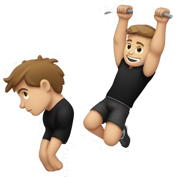 white boy, brown hair, black t shirt doing muscle ups emoji