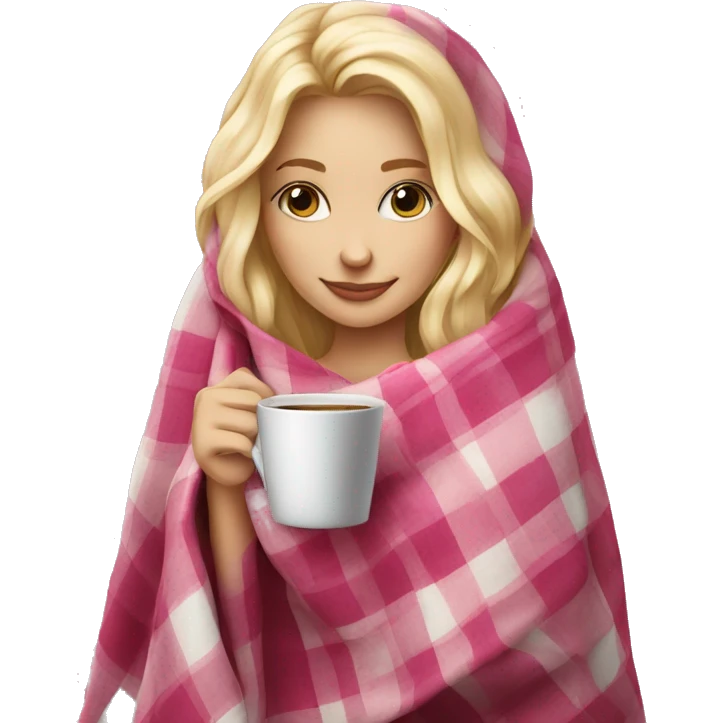 cute blonde girl wrapped in pink plaid blanket drinking coffee emoji