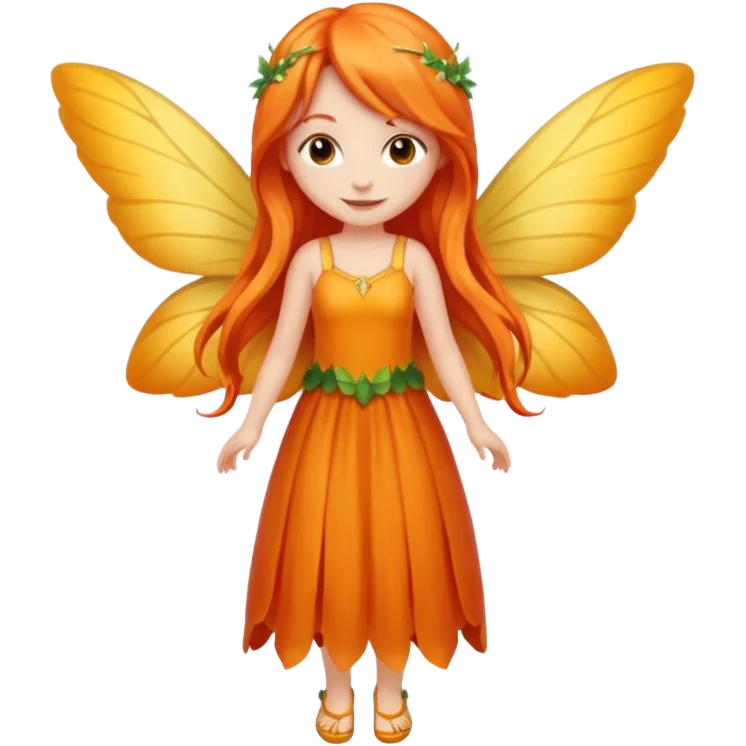 fairy with long orange hair, yellow wings, red dress, happy, chibi full body emoji