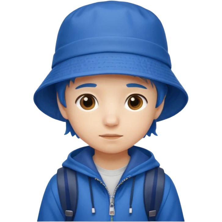 Little student wears blue bucket hat and jacket, backpack, shy emoji