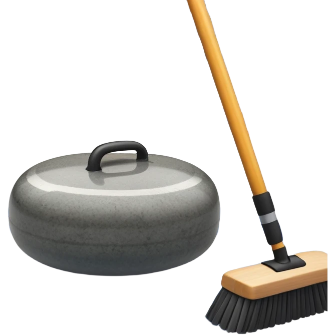 An icon showing a detailed close-up of a curling stone sliding across the ice, with a broom in motion beside it. The background features an indoor stadium with cheering spectators on the stands. Transparent background captures the strategy and focus of curling. emoji
