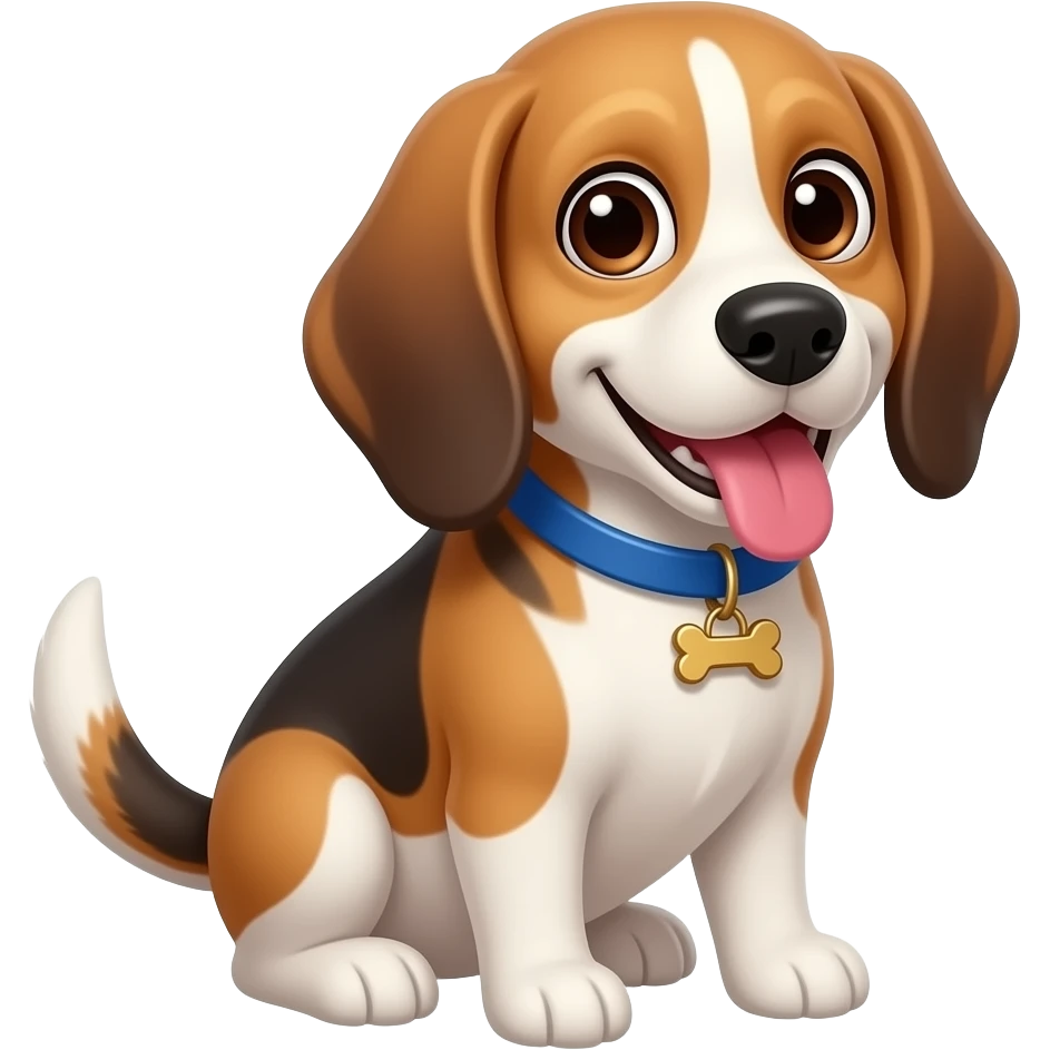 beagle dog with blue collar, collar has bone shaped pendant, sitting, toungue out, smiling, dumb looking, tongue out from the side, big tail, front view, looking at camera, silly emoji