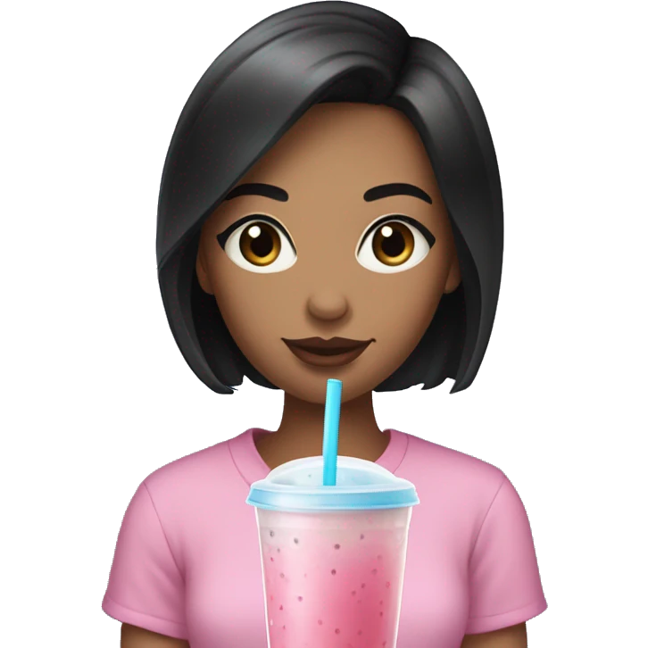 23 years old woman with Black short hair an blue eyes holding a pink bubble tea emoji