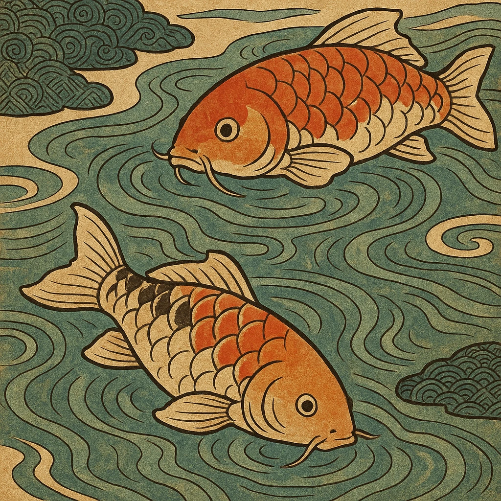 koi fish swimming in water, ukiyo-e style illustration emoji