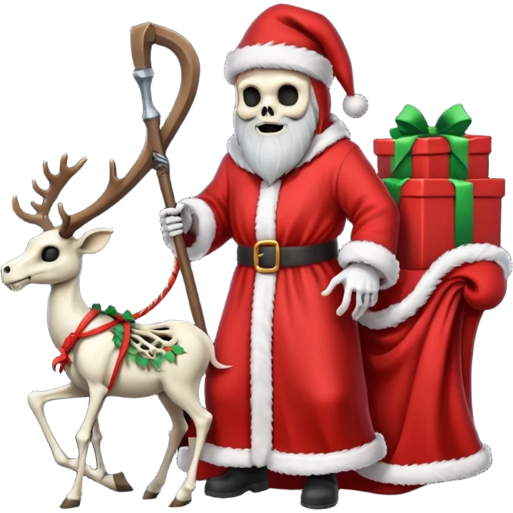 the Grim reaper dressed as Santa.... What gifts would be in his Sleigh.... What would his Sleigh likely look like.... Would the reindeer be skeletons, or ordinary reindeer emoji