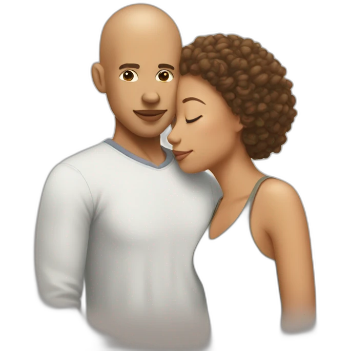 A mixed race man Without hair kissing A woman with light brown hair emoji