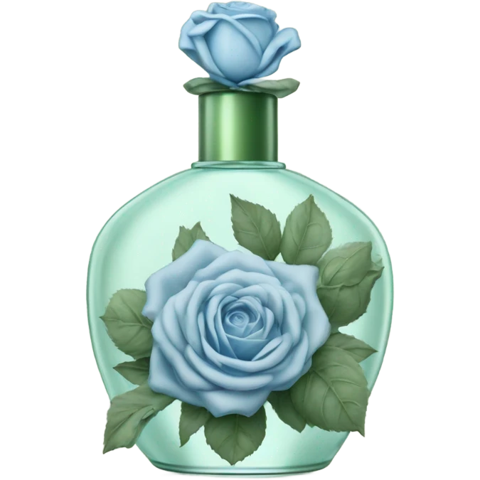 Aesthetic composition of soft blue roses with a vintage-style green  perfume bottle.
 emoji