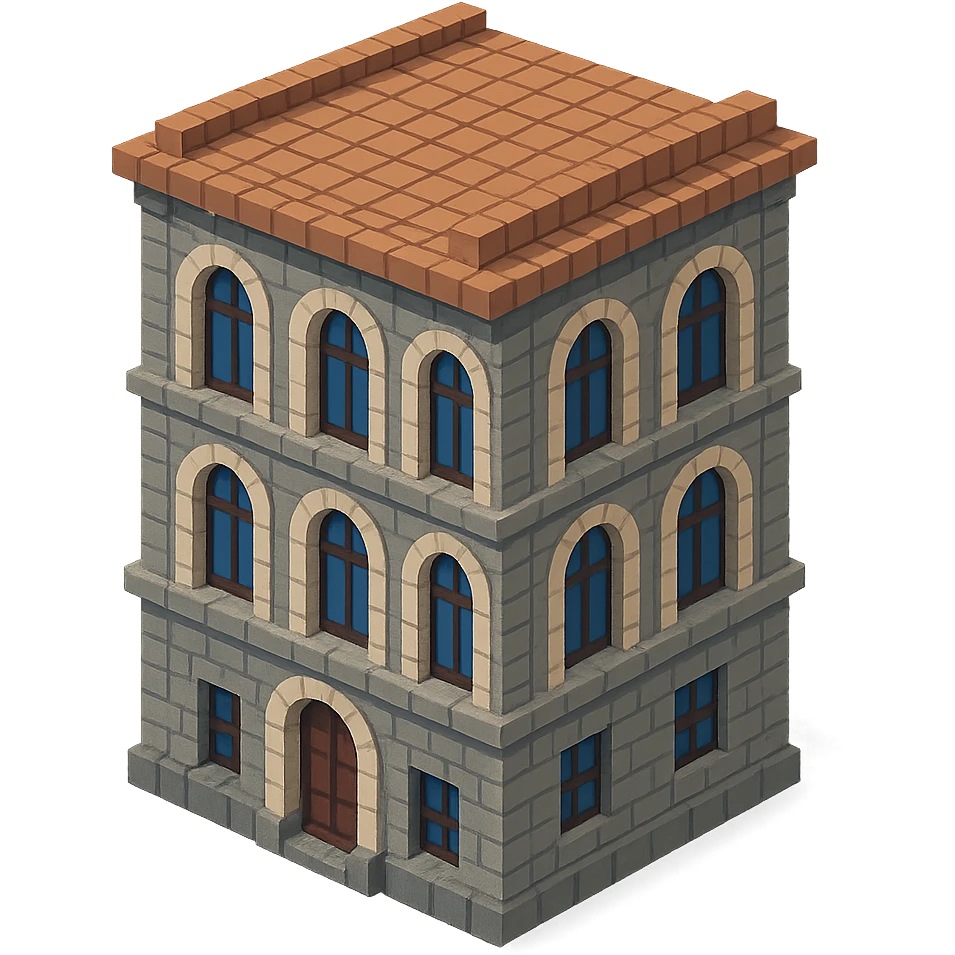 old Saint Petersburg building in voxel style, muted gray and brown colors, tall arched windows, isometric view emoji