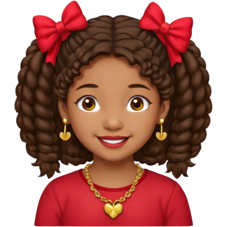 Brownskin girl dark brown hair fluffy. pigtails with red bows brown eyes smiling closed mouth red shirt gold esrrings gold necklace emoji