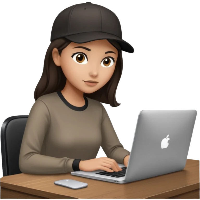 A professional 3D avatar of a young woman with olive skin and long, dark brown hair, wearing a dark, long-sleeved classy taupe shirt and a black baseball cap. She's sitting at a sleek wooden desk, typing and looking at a silver MacBook.  emoji