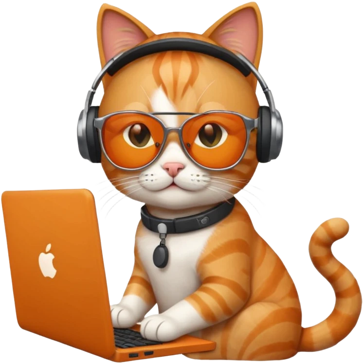 cat with sunglasses using a computer, apple emoji style emoji