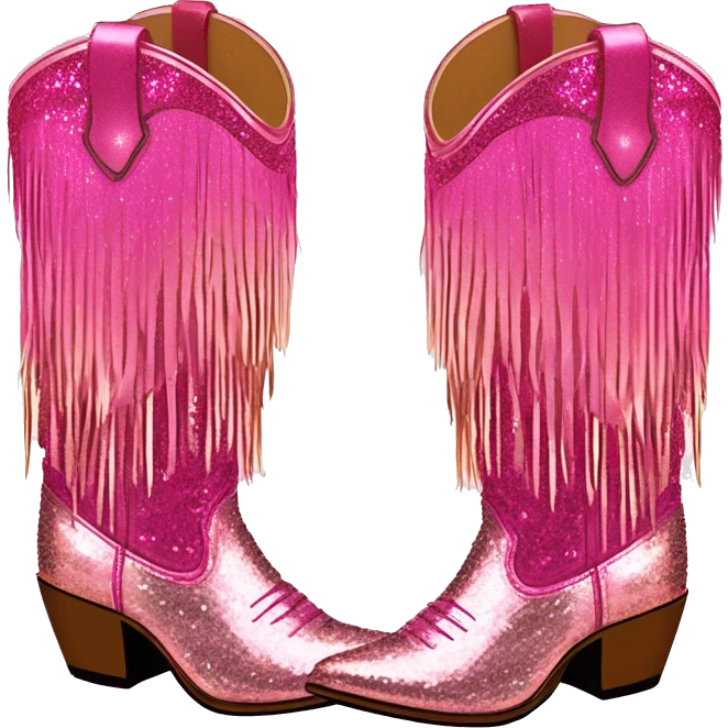 Realistic hot pink to rose gold ombre pair of fashion cowgirl boots with sparkly shiny glitter fringe on them. emoji