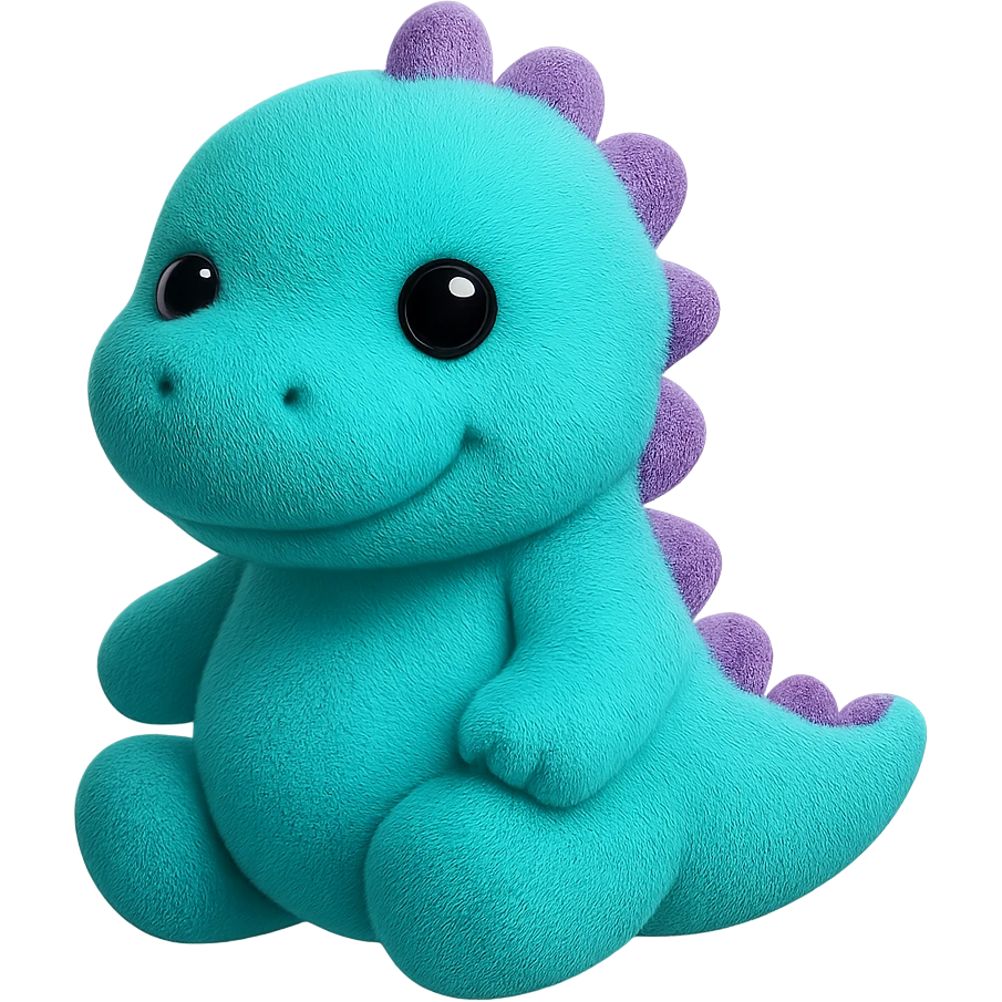 A plush dinosaur with friendly features, round eyes, and soft spikes along its back. The dinosaur has a chubby body and tiny arms. emoji