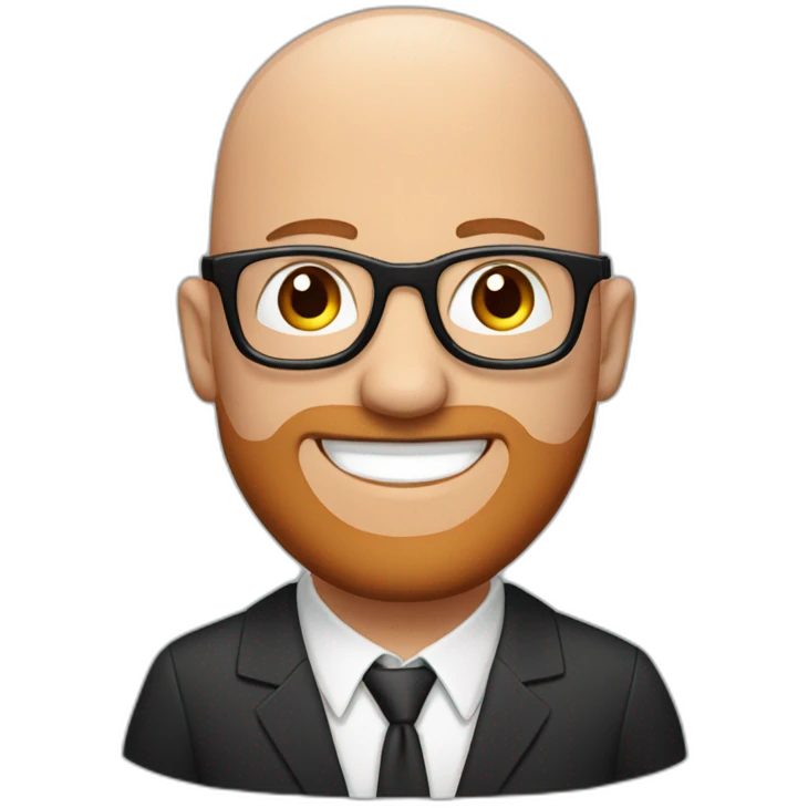 bald man, blue eyes, smiling with red patchy beard, wearing black framed glasses, wearing big black headphones emoji