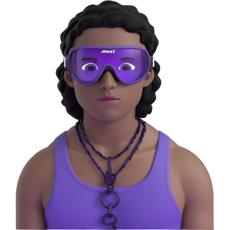 shirtless male athlete with white skin and moderately curly black hair on top with shaved sides, wearing ski goggles with purple frames/outline and very dark heavily tinted black lenses that completely hide the eyes, and a simple plain black chain necklace, no earrings emoji