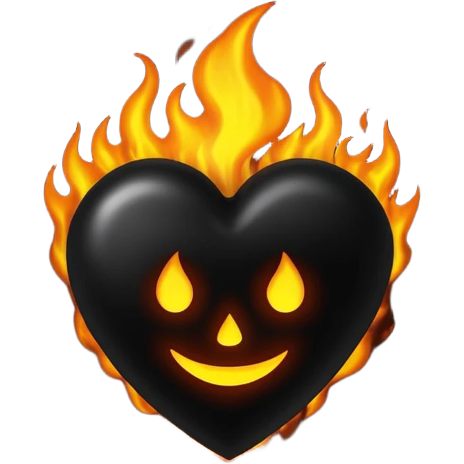 A dark black heart with glowing black flames rising smoothly, giving a mysterious and powerful feel. Transparent background, simple emoji style with a dramatic touch. emoji