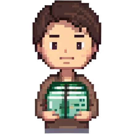 dark brown haired guy with a round face, disappointed expression, holding a stack of cash emoji