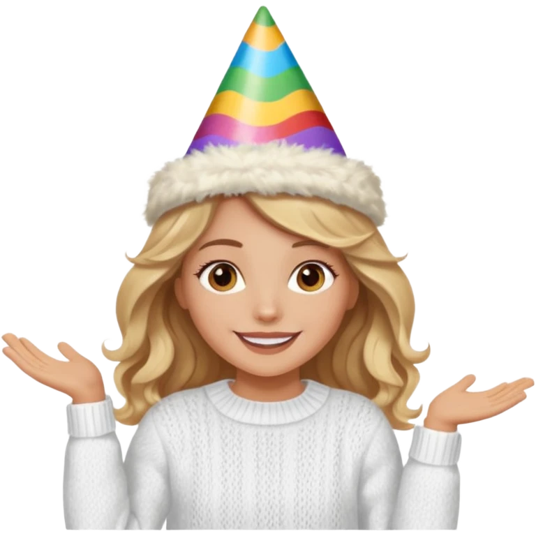 A pretty white girl with hazel brown eyes and long brown and blonde wavy hair in a cosy white knit sweater, she is celebrating her birthday and is happy emoji
