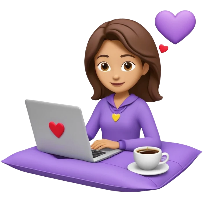 3D clay character relaxed with laptop and coffee, floating icons (envelope, heart, dollar), purple (#8B5CF6) outfit, bright yellow (#FBBF24) icons, white laptop, Pixar style, transparent background emoji