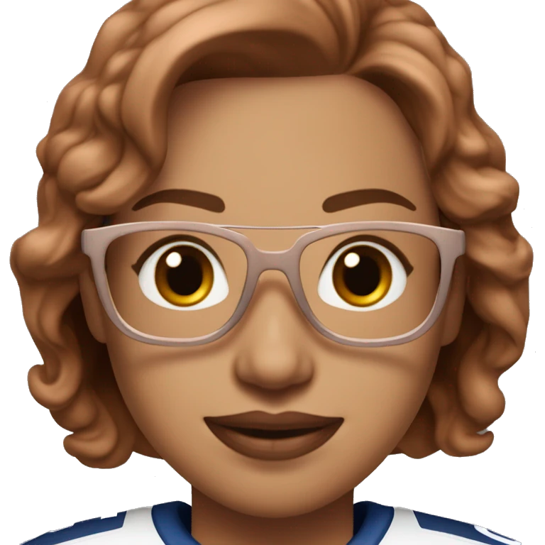 A women wearing a oilers 97 Mcdavid jersey with rose gold eyeglasses brown hair with stanley cup emoji
