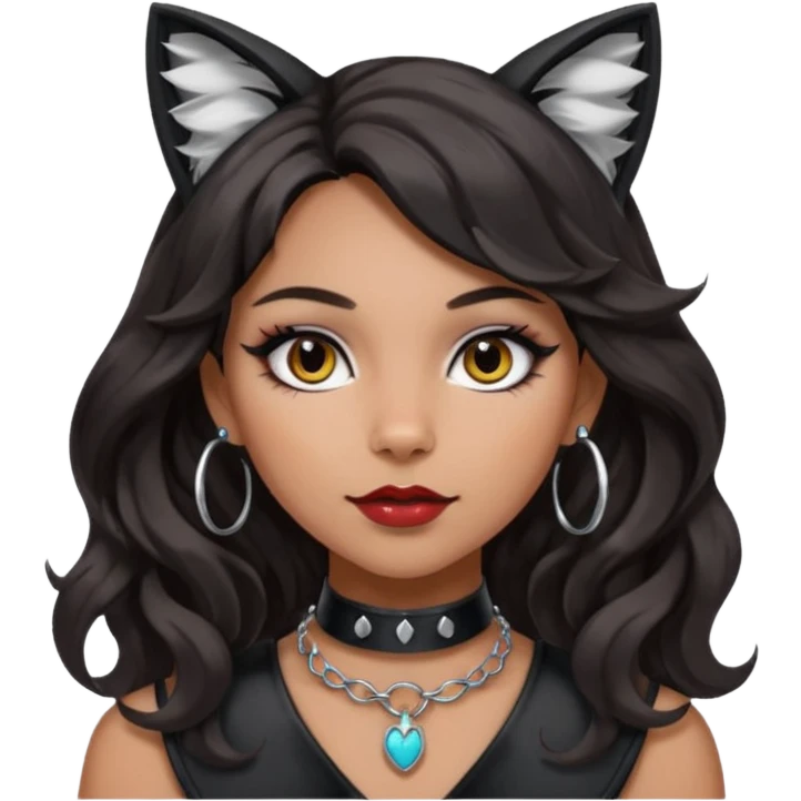 Add a silver O-ring to the collar and bold makeup. Keep medium Hispanic skin tone, long dark wavy hair, and cat ears. Maintain apple emoji style with transparent background. emoji
