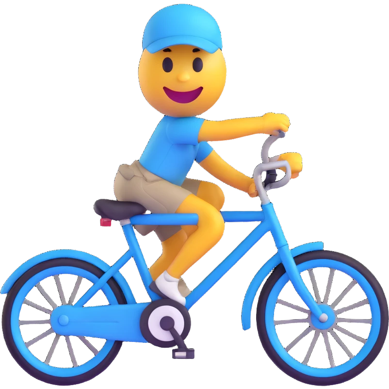 3D smiley emoji, round shape, student arriving by bicycle, blue color, sporty face emoji