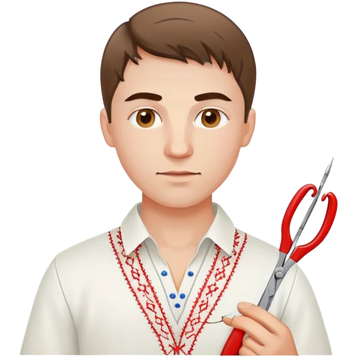 Ukrainian young man in a white embroidered traditional shirt holding a red thread with a needle and pliers emoji