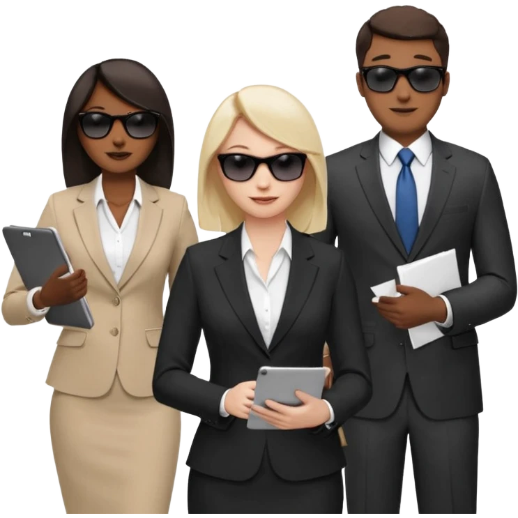 Команда в деловых костюмах из трёх человек. на переднем палне Мужчина впереди общается по смартфону, дальше женщина слева стоит с ноубуком, мужчина справа держит бумаги. У всех людей разные, но позитивные эмоции. Все троя в солнцезащитных очках emoji